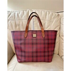 Dooney & Bourke Red Plaid Coated Canvas Leather Zip Tote Bag Shopper